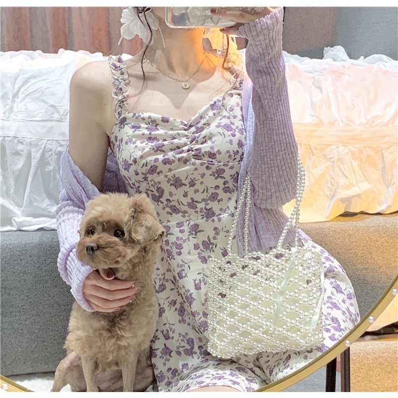 Đầm hai dây họa tiết hoa ZHELIHANGFEI / Áo khoác cardigan ZHELIHANGFEI dệt kim thời trang xinh xắn cho nữ
