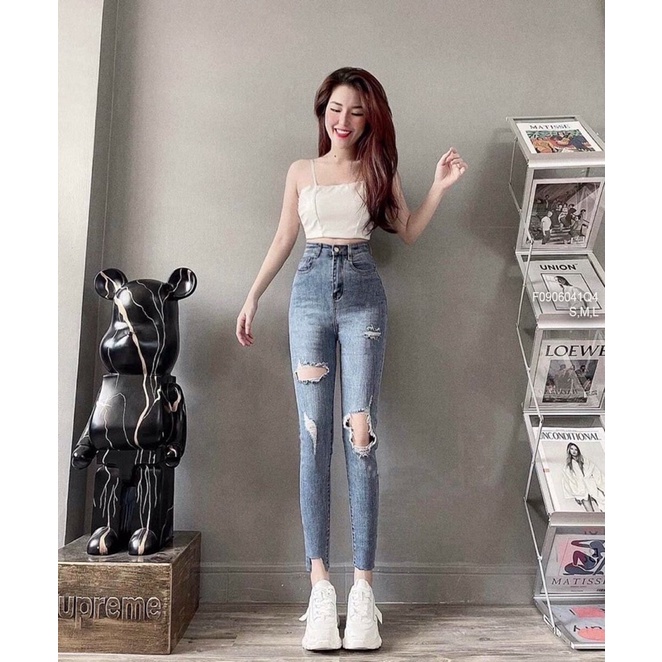 Quần jean dài ôm khoét đùi và gối đáy cao TT0906