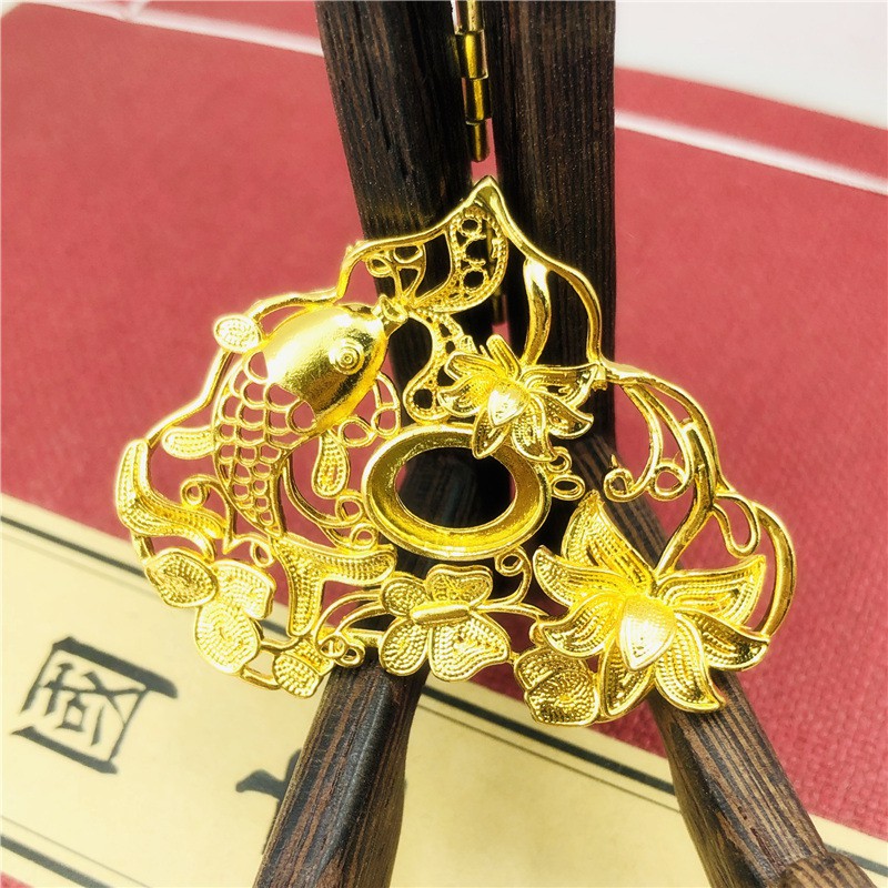 1 phiến đúc họa tiết khóa trường thọ, khóa trường mệnh cá chép hoa sen 44*56mm nguyên liệu làm trâm làm trang sức