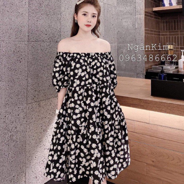 váy suông hoa cúc trễ vai 3 tầng chất đũi siêu xinh | BigBuy360 - bigbuy360.vn