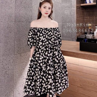 váy suông hoa cúc trễ vai 3 tầng chất đũi siêu xinh