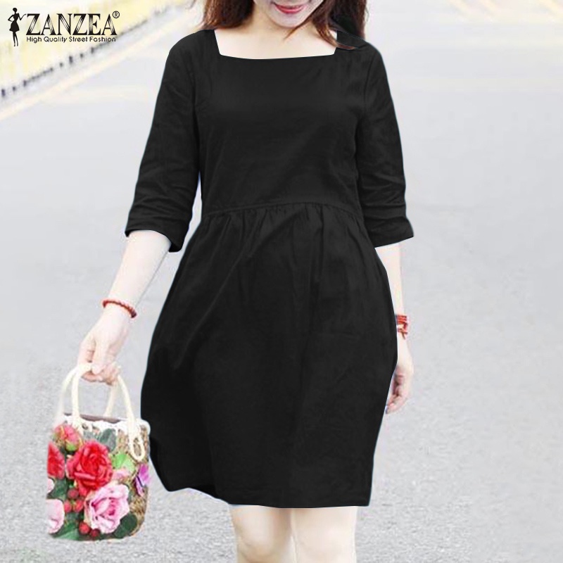 Đầm nữ ZANZEA dáng chữ A ngắn cổ vuông eo cao tay lỡ màu trơn