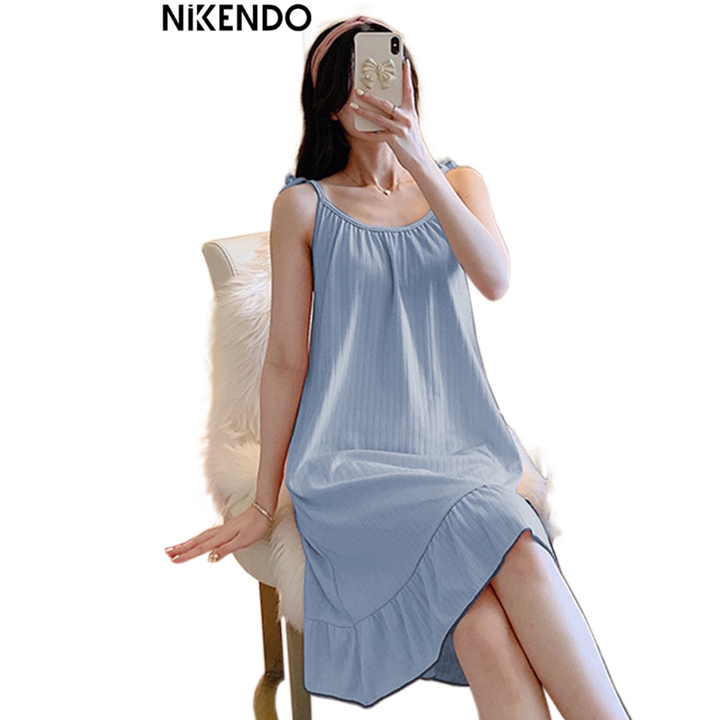 Đầm Ngủ Nữ Dễ Thương Quai Thắt Nơ - Váy Ngủ 2 Dây Sexy Thun 4 Chiều Nikendo VN04