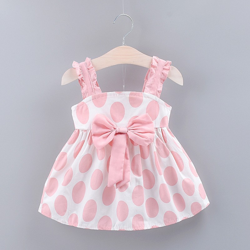 Babyme Summer Baby Girls Strap Dot Pattern Casual Cotton Dress Kids Toddler Princess Sundress