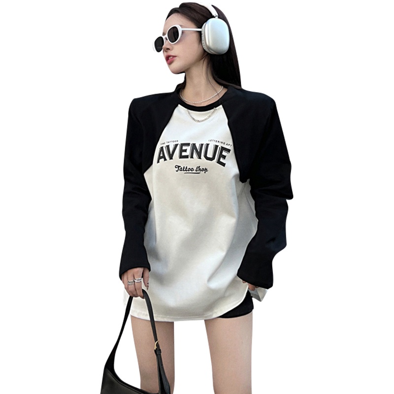 Áo thun SUXI tay dài cổ tròn in họa tiết chữ cái phong cách Hàn Quốc thời trang dành cho nữ