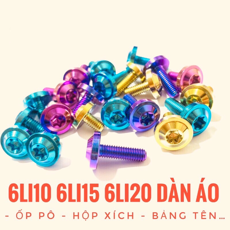 (Chuẩn Gr5) Ốc titan 6li10 6li15 6li20 đầu dù to dày gắn dàn áo ốp pô hộp xích bảng tên