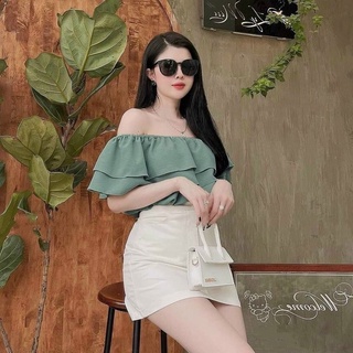 Sét chân váy ngắn màu trắng cotton lạnh và áo bèo trễ vai cá tính màu xanh đũi trơn có lót váy xinh thời trang nữ ARAVA