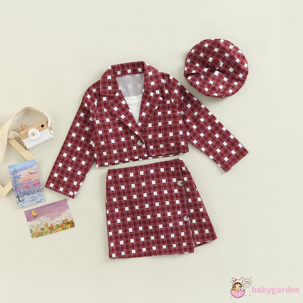 Bộ Trang Phục 4 Món Áo Khoác Tay Dài + Chân Váy + Mũ Beret Họa Tiết Kẻ Sọc Thời Trang Mùa Thu Cho Bé Gái 3-7 Tuổi