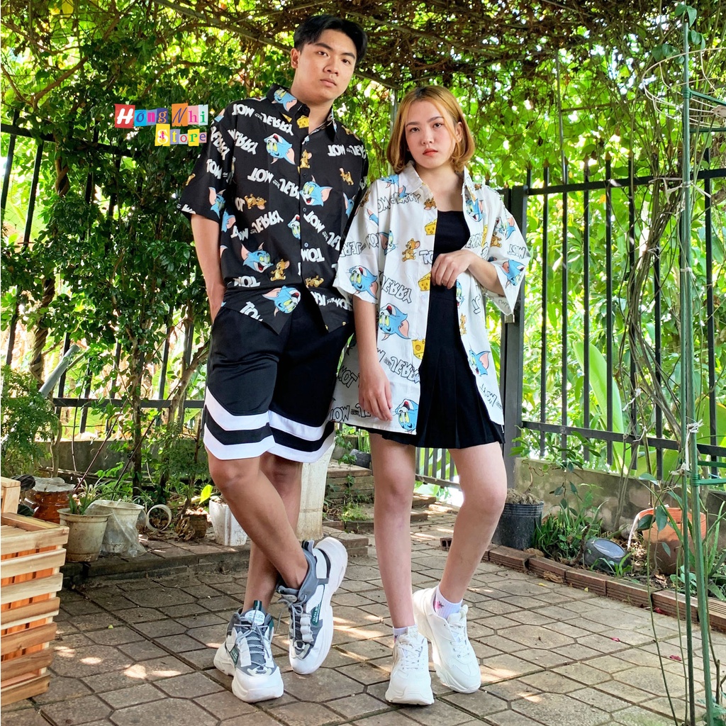 Áo Sơ Mi Hoạ Tiết Hoạt Hình Tom&amp;Jerry Tay Lỡ Dáng Rộng Ulzzang Unisex, Sơ Mi Đi Biển - MM