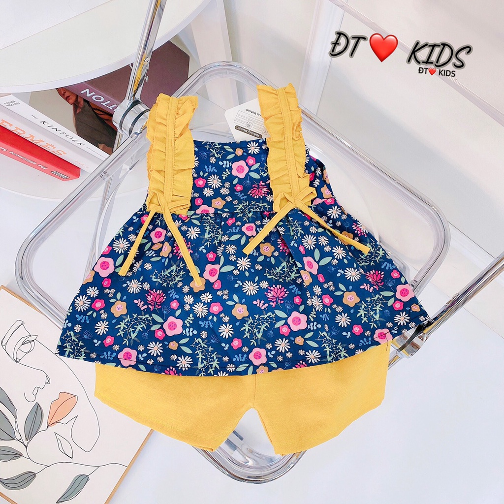 Đồ bộ bé gái size 8 đến 18 kg quần áo họa tiết hoa nhí viền QATE677, Bộ 2 dây bèo vai hoa nhí kèm quần thô cho bé