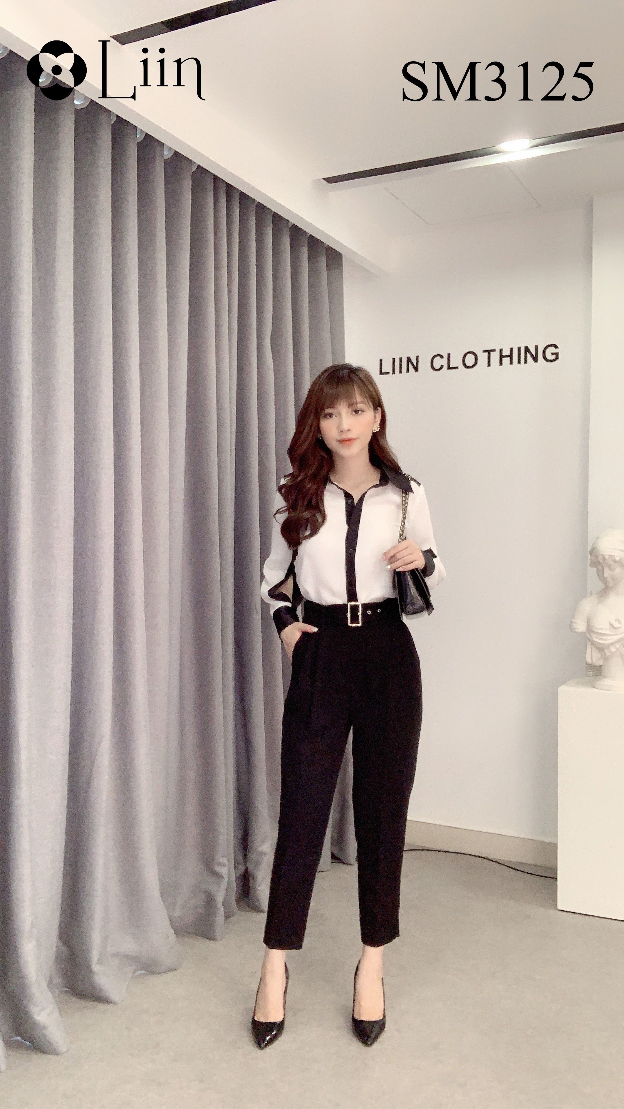 Áo sơ mi nữ cao cấp chất Lụa đẹp, màu Trắng kết hợp Tay Pha viền đen cá tính Liin Clothing SM3125 | WebRaoVat - webraovat.net.vn