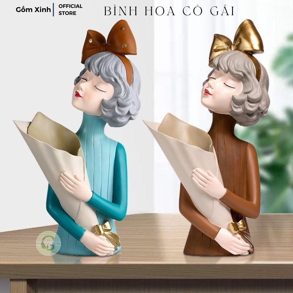 Bình hoa cô gái Gốm Xinh decor Cô gái cắm hoa,ôm hoa Lọ hoa trang trí