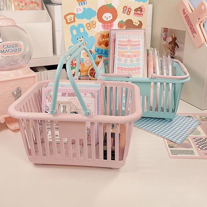 Giỏ nhựa mini có quai xách màu macaron xinh xắn decor