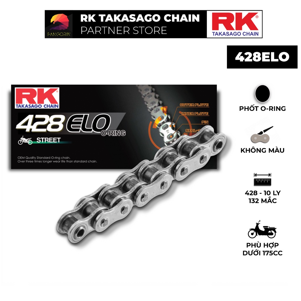 Sên xe máy RK Takasago chain mã 428-ELO, phốt cao su O-ring, kích thước 10 ly - 428, 132 mắc sên