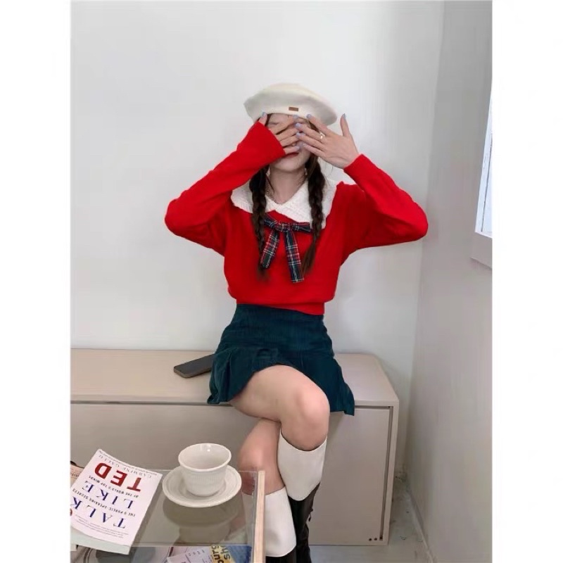 Áo len cột nơ tay dài cổ sen croptop dễ thương