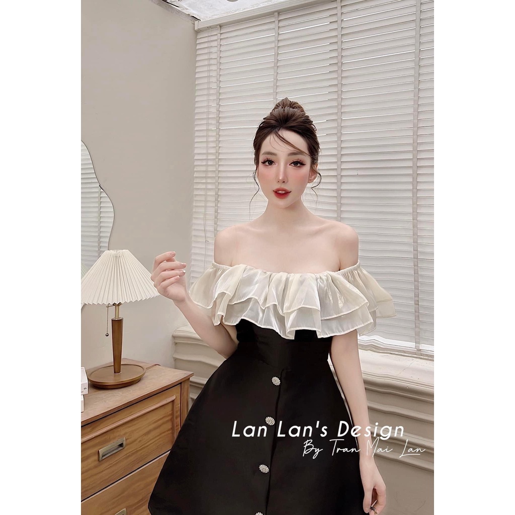 [10.10 Sale Freeship] Đầm nữ dự tiệc trễ vai bồng bềnh bánh bèo phối nút đính đá dáng xòe sang chảnh thanh lịch