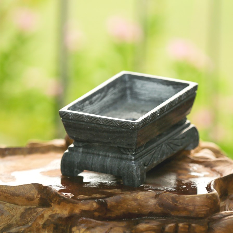 Chậu đá đen đục chạm tay nguyên khối chữ nhật chân đôn dời trồng bonsai mini, KT: 12.5x8.5x6.5