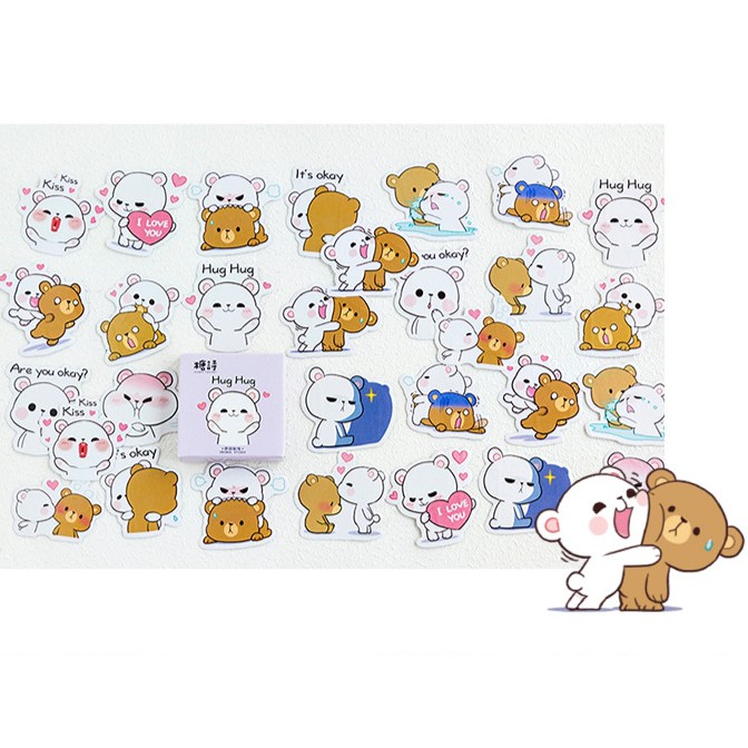 Hộp 45 miếng sticker mẫu gấu trắng hug hug