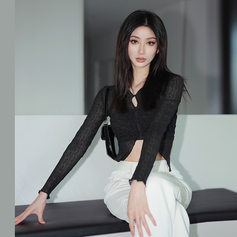 Kliou 2022 Mới vào mùa hè Áo kiểu KLIOU khoác vào tay dài dệt kim xuyên thấu phong cách Pháp cổ điển thời trang quyến rũ dành cho nữ
