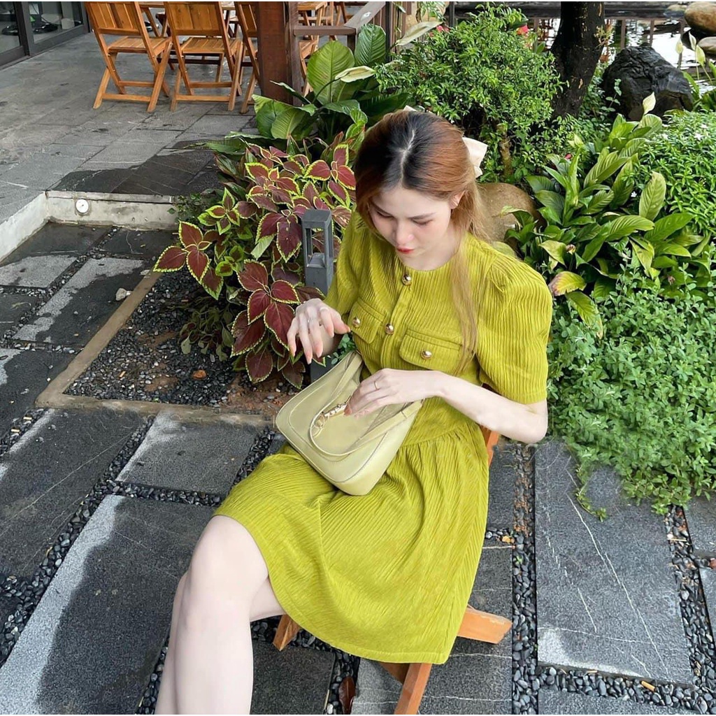 Váy li cúc nhún eo e về màu xanh cốm cúc đồng kẻm ảnh thật trải sàn