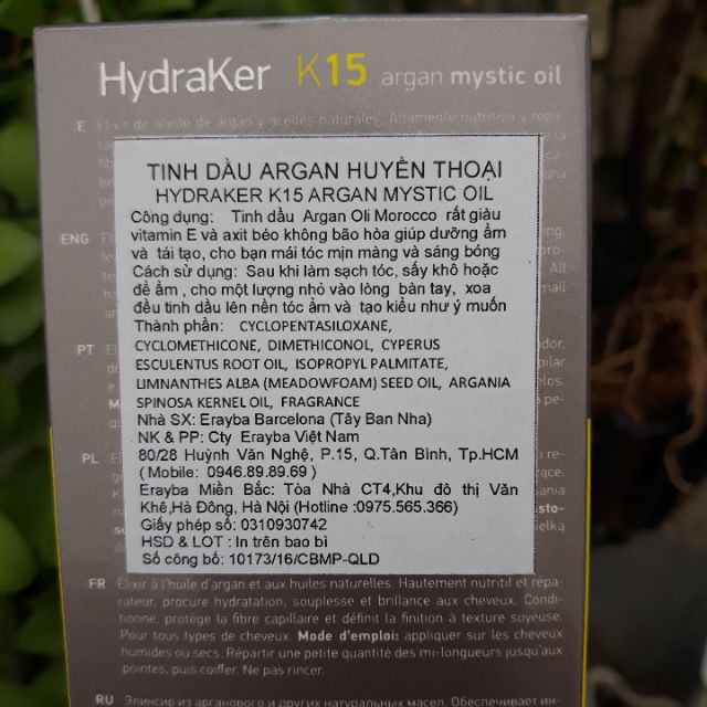 TINH DẦU ARGAN HUYỀN THOẠI HYDRAKER K15 ARGAN MYSTIC OIL ERAYBA