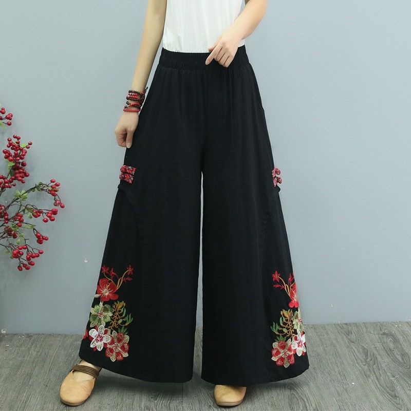 Quần Cotton Lanh Ống Rộng Lưng Thun Thêu Họa Tiết Dân Tộc Phong Cách Cổ Điển Thời Trang Mùa Xuân Dành Cho Nữ Admm2023