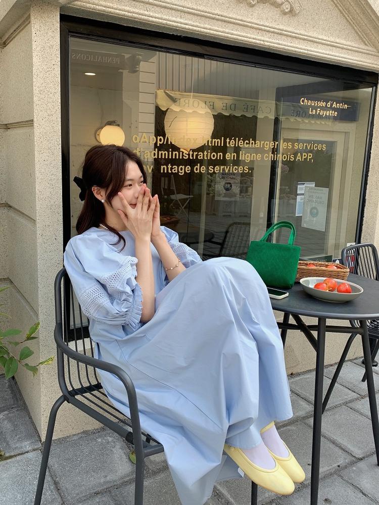 Đầm Dáng Dài Cổ Tròn Tay Phồng Xếp Ly Thời Trang Thanh Lịch 50804