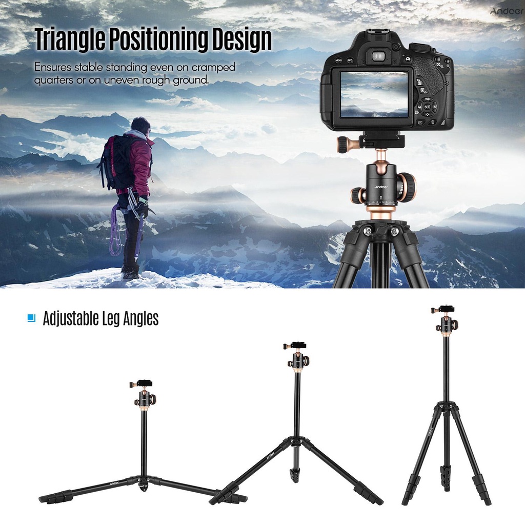 Chân tripod Andoer Q160SA đầu bi có thể điều chỉnh độ cao cho máy ảnh dslr kỹ thuật số Canon Nikon Sony