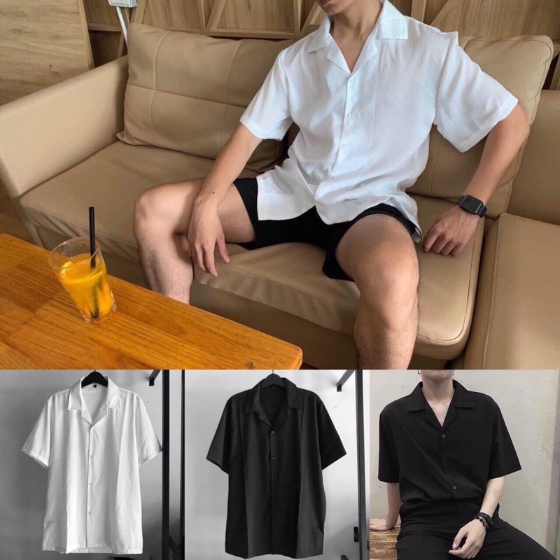 Áo Sơ Mi Đen, Áo Sơ Mi Trắng Cổ Vest ngắn tay form rộng unisex nam nữ vải lụa siêu mát lạnh - MS66 | BigBuy360 - bigbuy360.vn