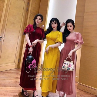 Áo dài nhung tay phồng - Chất vải áo dài nhung đỏ - vàng - hồng | Chaang.vn