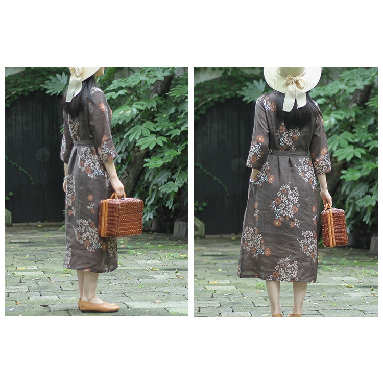 Đầm Hoa Dáng Suông Tay Lửng Cổ Điển Cho Nữ, Đầm Linen Túi Hông Kèm Dây Thắt Eo Da181