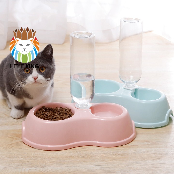 Bát ăn đôi kèm bình nước tự động cỡ nhỏ cho chó mèo, thú cưng Little King pet shop chất liệu nhựa PP
