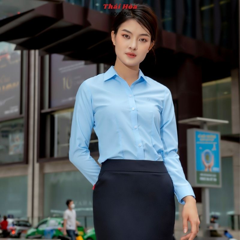 Áo sơ mi nữ tay dài bigsize kiểu công sở đẹp màu xanh vải cotton mềm Thái Hoà 047-06-01