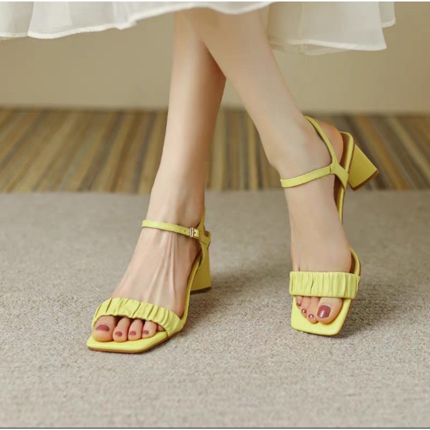 Sandal cao gót nữ, đế tam giá trụ 5cm, quai nhún dây cài, thanh lịch sang trọng