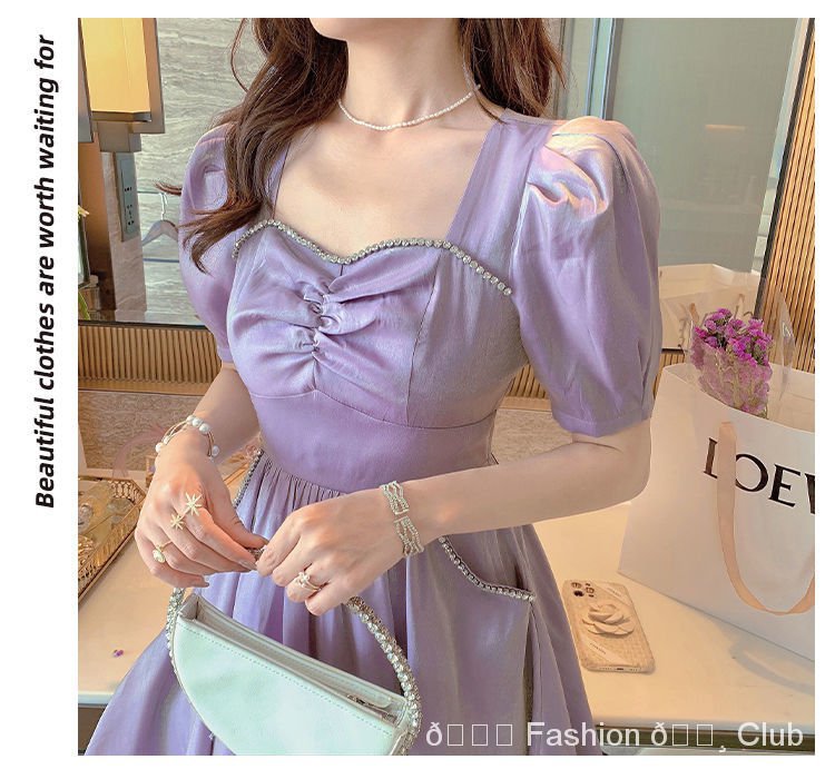 Puff Sleeve Dress Elegant Cocktail Party Birthday Dress Luxury Fairy Silk Dress Purple Violet Dress Short Long Maxi Dress