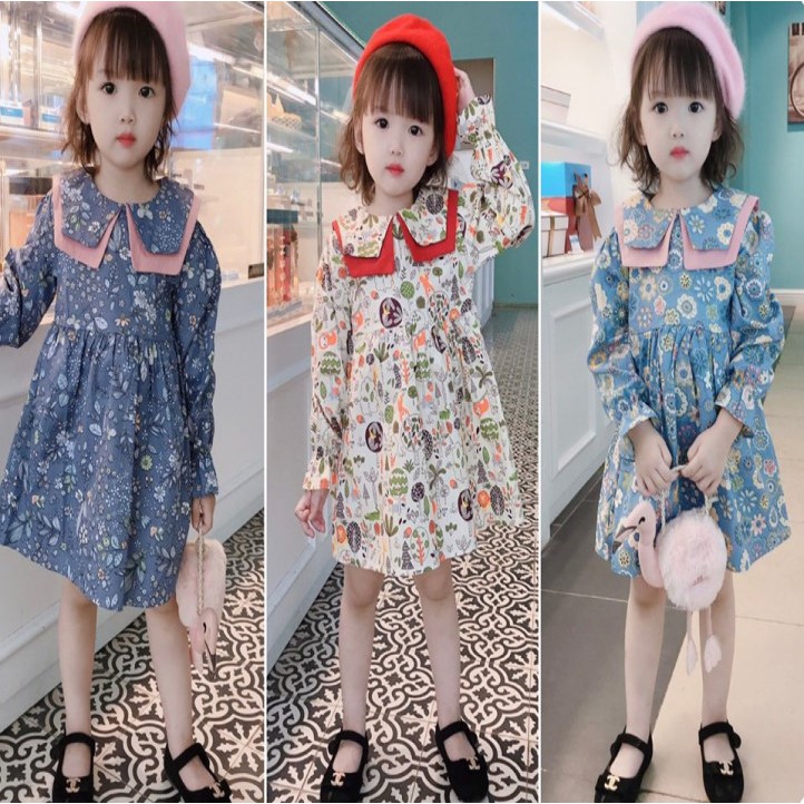 Váy baby doll cổ bích dài tay in hình cute cho bé | BigBuy360 - bigbuy360.vn