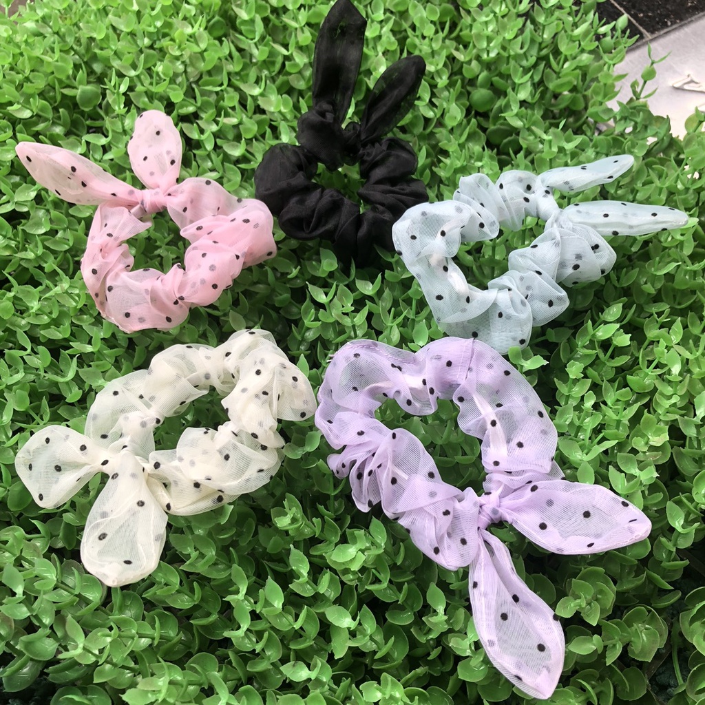 Cột (buộc) tóc scrunchies tai thỏ voan chấm bi xinh xắn M66