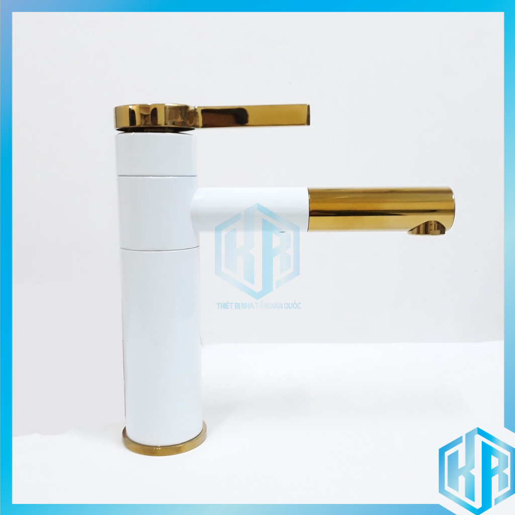 Vòi lavabo nóng lạnh bằng đồng hình trụ tròn 20cm sơn tĩnh điện Trắng Vàng cao cấp