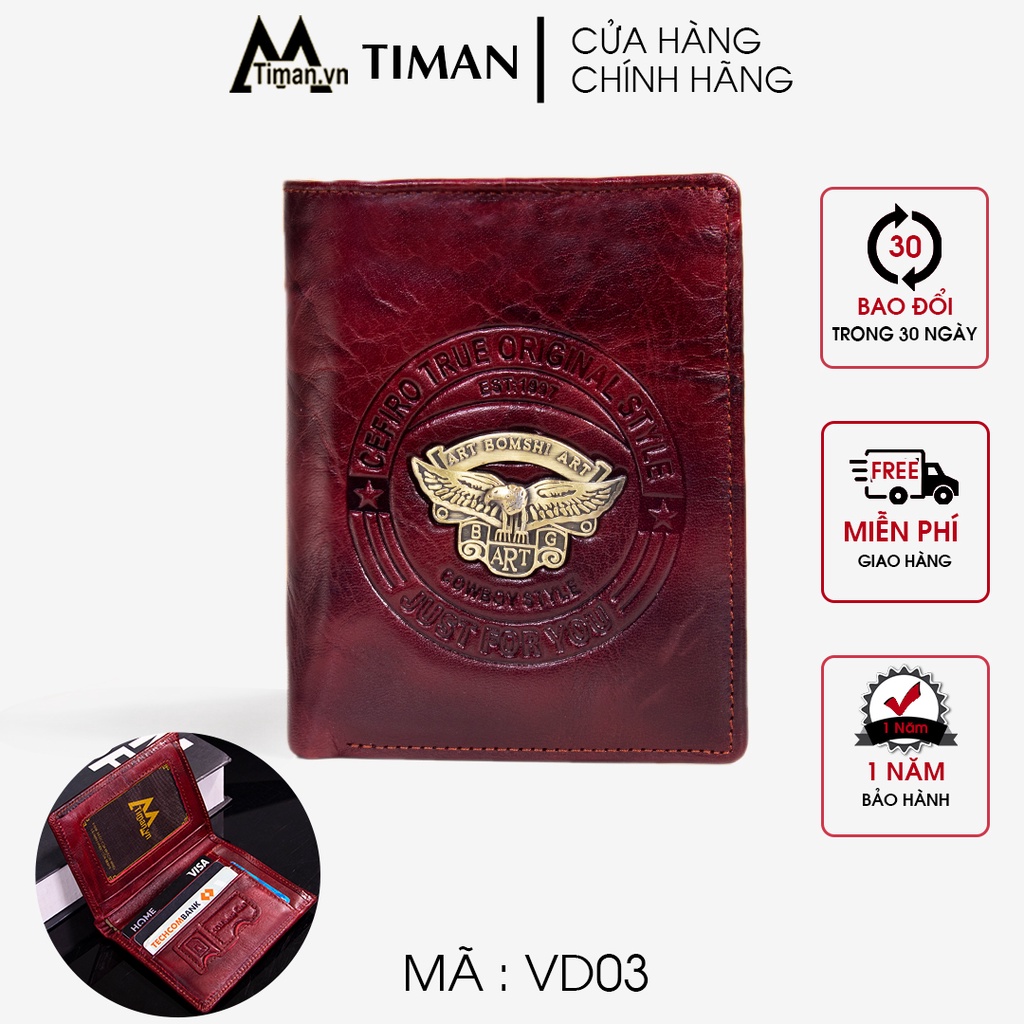 Ví nam mini dài cầm tay dáng đứng chất liệu da thật hàng hiệu bảo hành 1 năm VD03 TIMAN