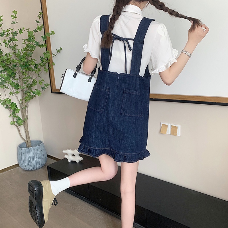 【HangFei】Đầm Yếm Denim Phối Bèo Plus Size Thời Trang