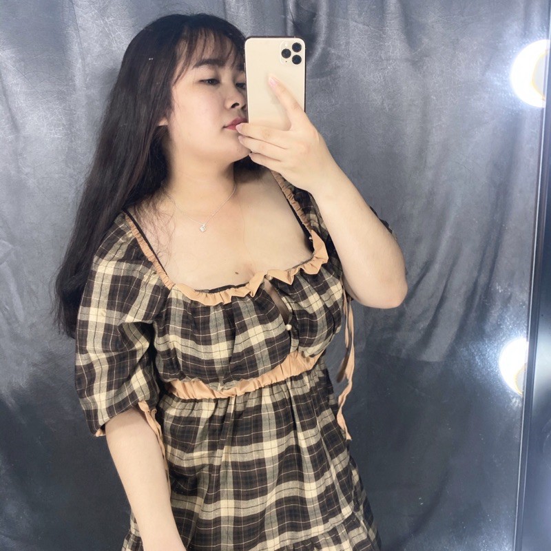 BIGSIZETIX Đầm caro tay bí siêu xinh 50-90kg hình mẫu thật 100%