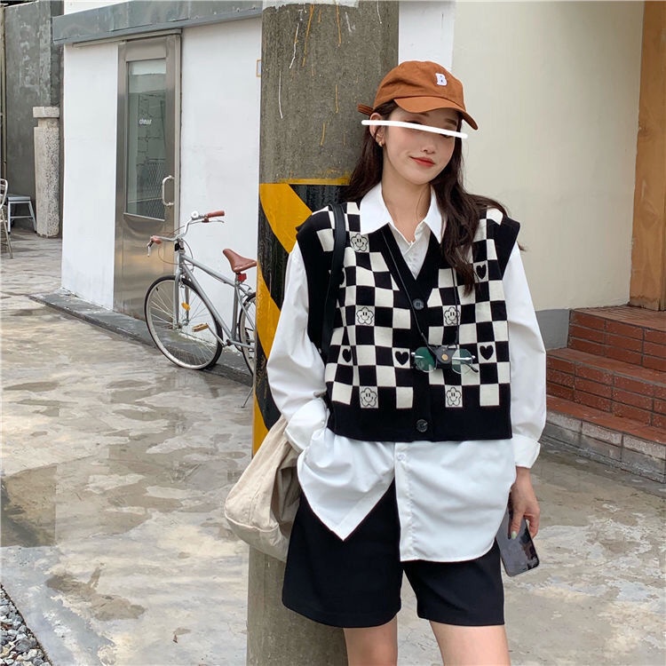 Áo dệt kim không tay dáng ngắn màu trắng đen cho nữ