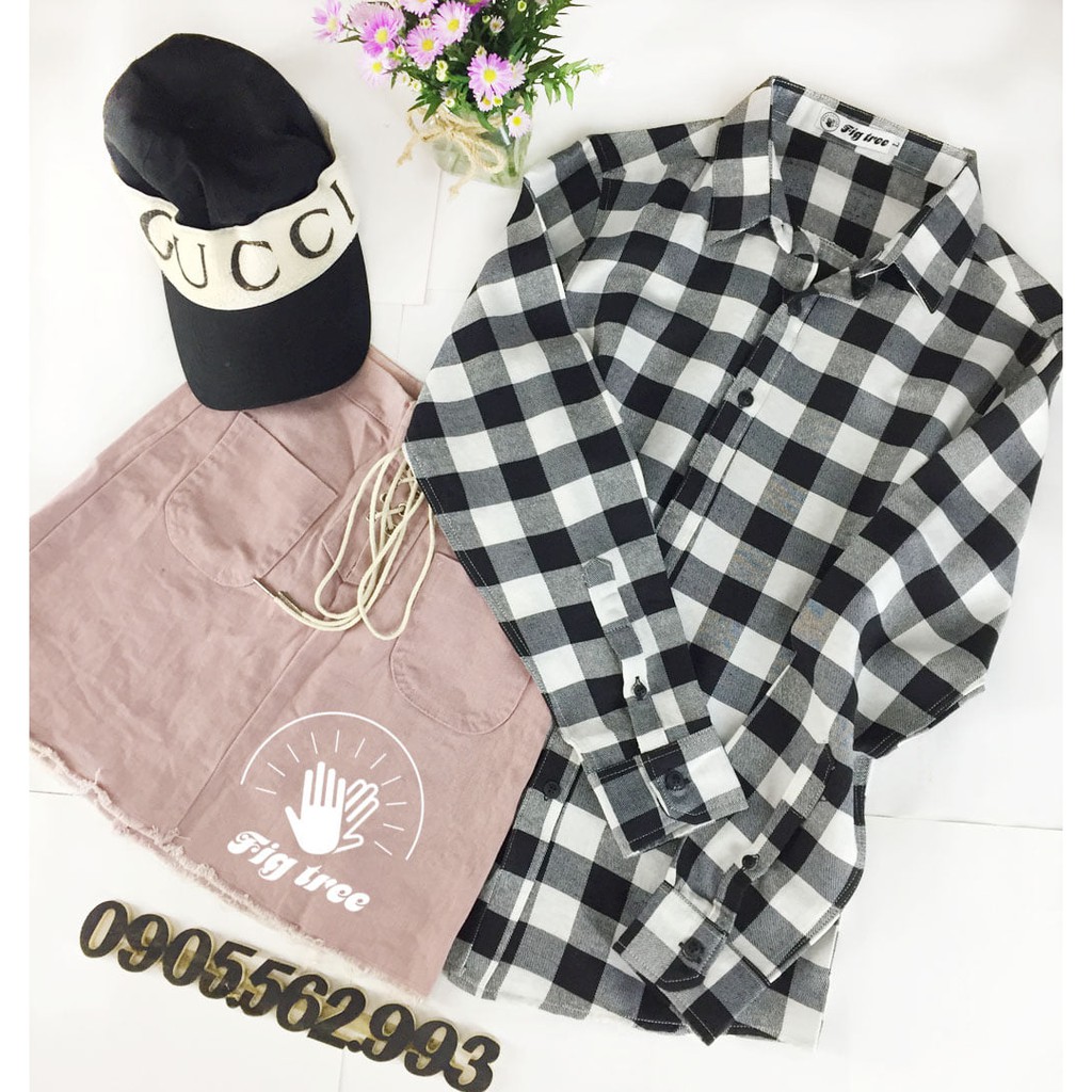 Áo sơ mi caro kẻ trắng đen cho nữ cá tính mã smnu-122b