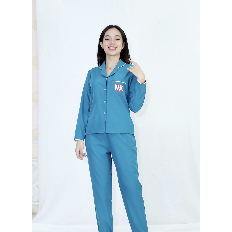 Bộ đồ bộ Pijama màu XANH LÔNG CÔNG NKK tay dài quần dài lụa Pháp - Thoải Mái Nhẹ Nhàng