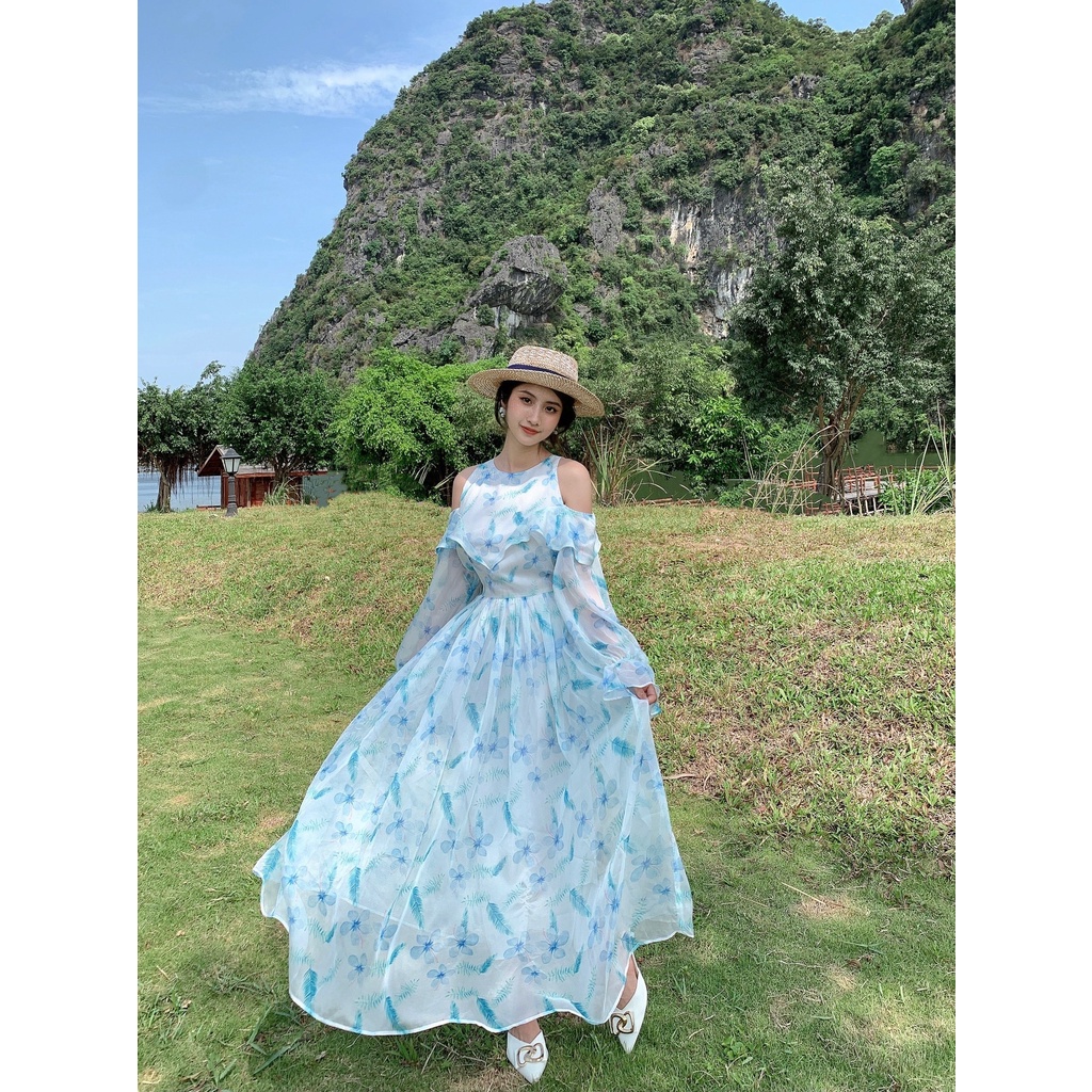 Đầm maxi dài hở vai cổ yếm váy nữ vải tơ hoạ tiết hoa in thiết kế mặc đi chơi du lịch biển nghỉ mát resort dự tiệc