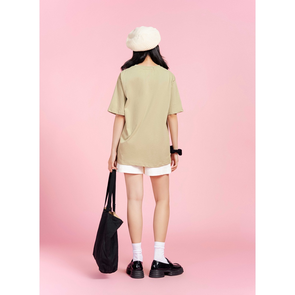 Áo thun oversize tay lỡ áo phông cotton nữ in chữ happy vibes thời trang GAGO màu rêu GA3831