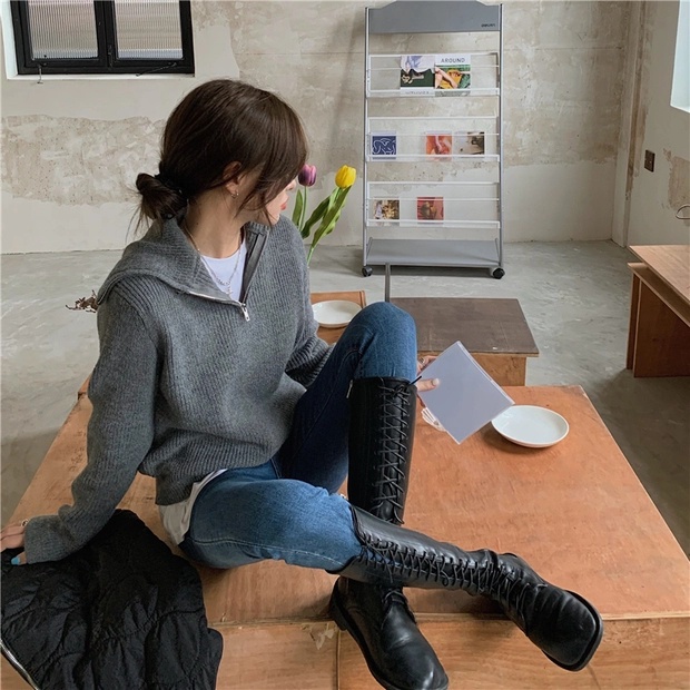 Áo pull len mặc 2 kiểu cổ cao và cổ bẻ có khóa kéo phong cách Hàn Quốc