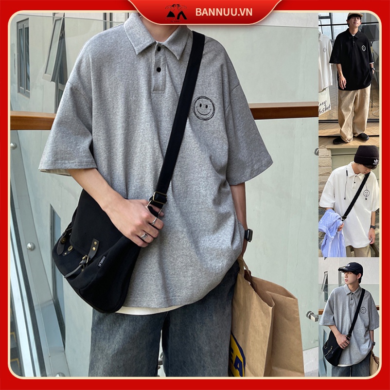 áo thun nam có cổ phong cách Hàn Quốc áo polo unisex đơn sắc áo polo tiếng Nhật đen áo thun thể thao bông Áo Mùa Hè Nam