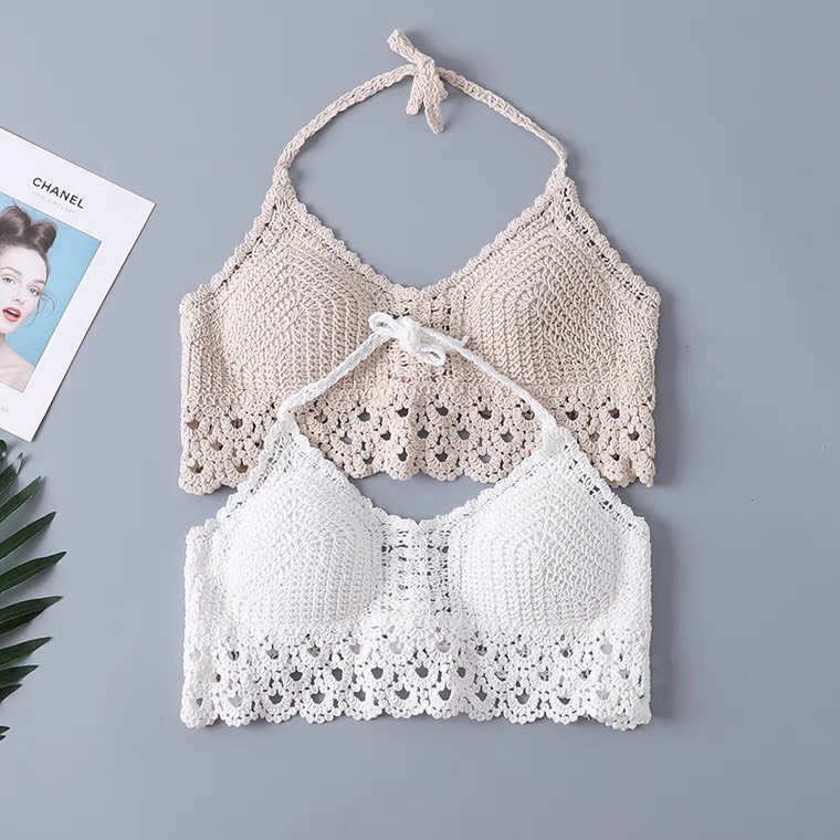 ÁO LEN CROPTOP HAI DÂY ĐI BIỂN KEM TRẮNG CỰC ĐẸP