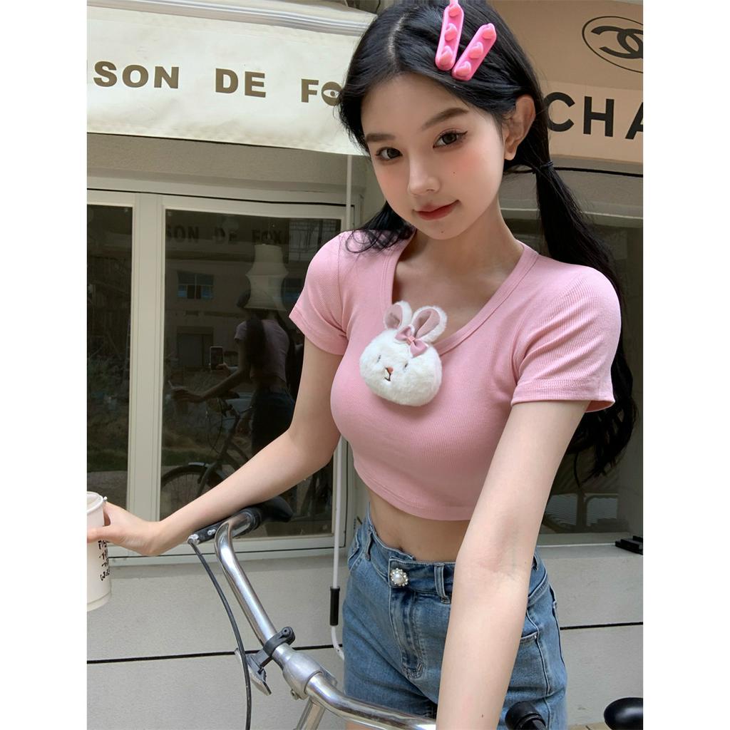 Xiaozhainv Áo Thun Croptop Tay Ngắn Cổ Tròn Dáng Ôm Phối Lông Thỏ Thời Trang Xinh Xắn Cho Nữ